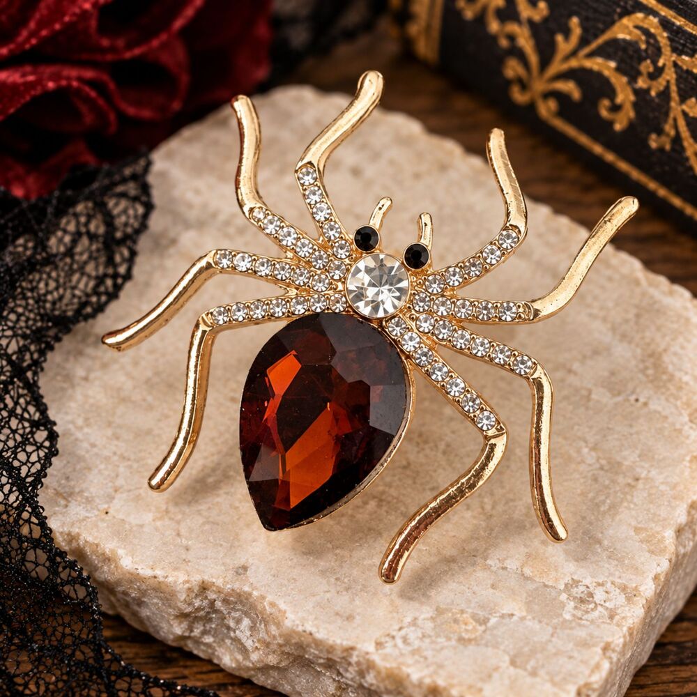 Gold Tone BROWN Rhinestone Spider Brooch